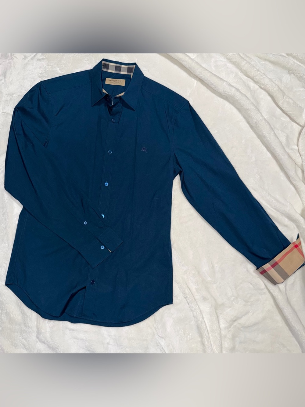 Burberry Dark Blue Long-Sleeve Dress Shirt with Check Cuff Detail